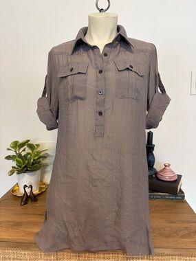 Poetry Clothing Grey Cotton Shirt Dress Tunic L Roll Tab Sleeve